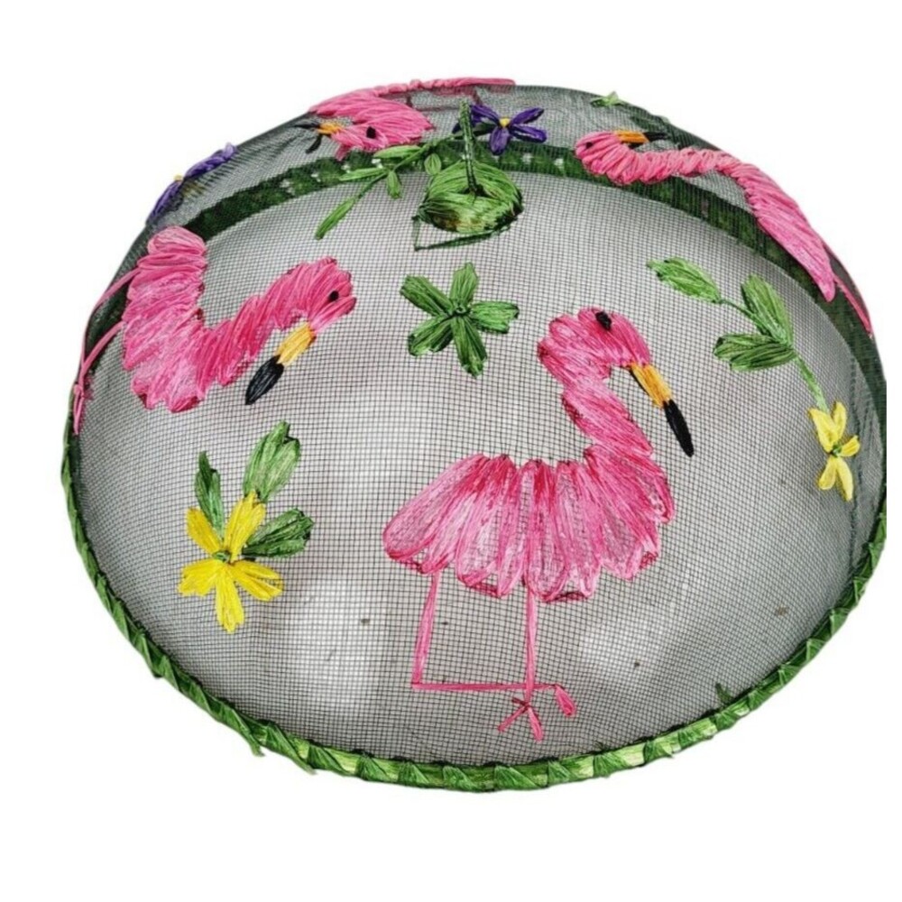 Vintage 60s Domed Embroidered Mesh Raffia Flamingos Round Food Cover